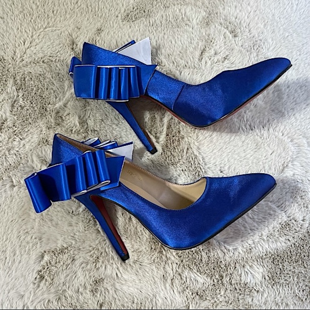 Women's Royal Blue Satin Pointed-Toe High Heels with Decorative Bow